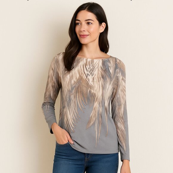 Susan Graver Feather Print Long Sleeve Tunic Top Size M Made in USA - Picture 1 of 8